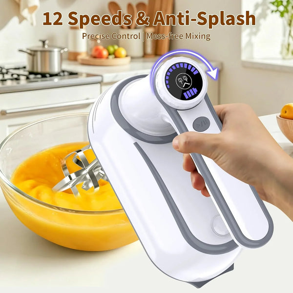 Cordless Electric Hand Mixer, 12-Speed with Storage Case, White | Rechargeable, Eject Button, LED, Self-Stand, 6×304 Stainless Attachment, Overheat Protection, Quiet for Baking Dough Cake Egg3