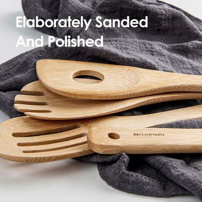 Kitchen Utensils Set of 8 PCS, 12Inches Bamboo Wooden Cooking Spoon & Spatula Tools Perfect for Non-Stick Cookware (Bamboo 12Inches)4