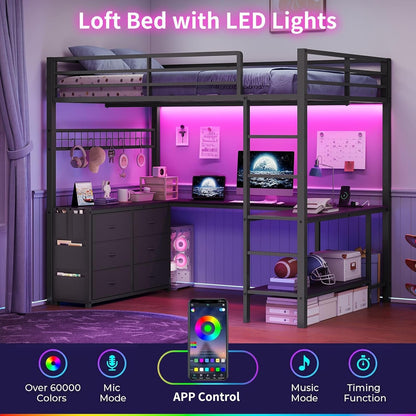 Full Size Loft Bed with Desk, LED Lights and Charging Station, Loft Bed Full Size with 6 Storage Drawers & 2 Shelves, Loft Bed Frame with Safety Guardrail & Ladders, No Box Spring Needed, Black4