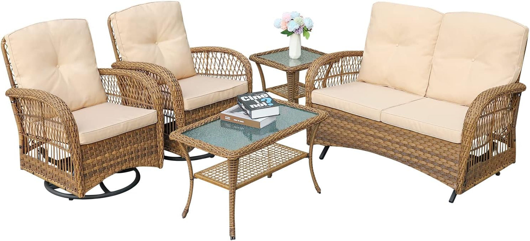 5-piece-outdoor-patio-wicker-conversation-sets-all-weather-outdoor-rattan-furniture-set-includes-glider-loveseat-2-coffee-table-2-swivel-gliders-chairs-with-cushions-light-brown