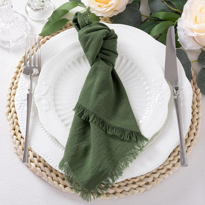 6 Pack Olive Green Cotton Linen Napkins with Fringe Green Cloth Napkins Set of 6 Boho Handmade Dinner Table Napkins for Wedding Bridal Baby Shower Tea Party, 17 X 17 Inches8