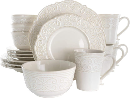 round Decorated Stoneware Scallop Embossed Dinnerware Dish Set, 16 Piece, Luna1