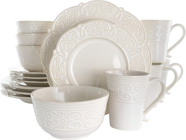 round Decorated Stoneware Scallop Embossed Dinnerware Dish Set, 16 Piece, Luna1