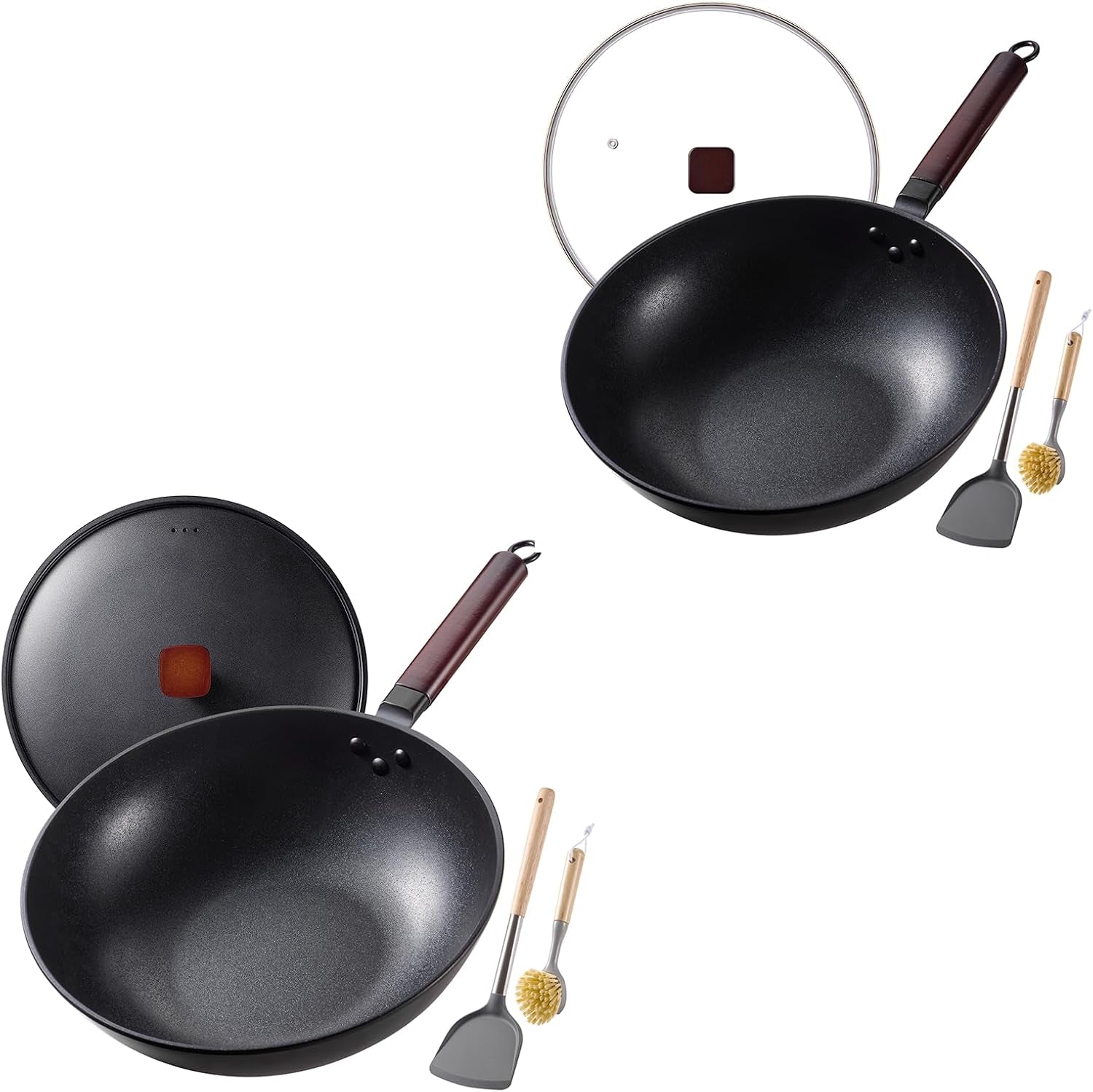 2-pcs-carbon-steel-wok-13-inch-woks-stir-fry-pans-nonstick-wok-pan-with-glass-lid-spatula-and-dish-brush-pre-seasoned-flat-bottom-chinese-wok-for-induction-electric-gas-all-stoves