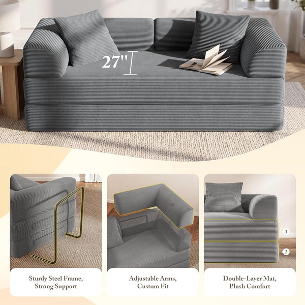Cloud Boneless Couch Futon Sofa Bed, 5-In-1 Convertible Sofa Bed Pull Out Couch Sleeper Sofa Compressed Loveseat, 70" High-Density Sponge & Corduroy Fabric Futon Daybed for Living Room Bedroom (Gray)7