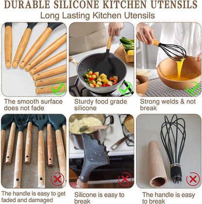 Kitchen Cooking Utensils Set, 33 Pcs Non-Stick Silicone Cooking Kitchen Spatula Set with Holder, Wooden Handle Silicone Kitchen Gadgets Utensil Set (Black)6
