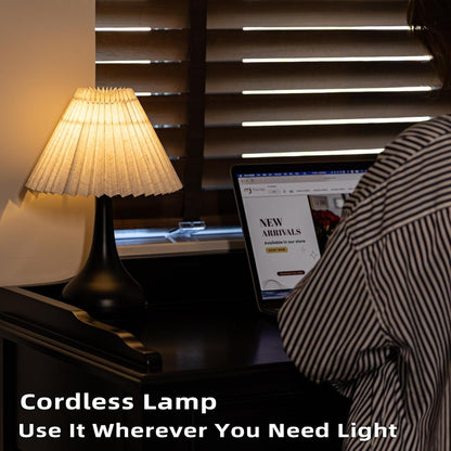 Pleated Cordless Table Lamp, 1800Mah Powered Rechargeable Lamp | Battery Operated Dimmable Lamp Wireless, Replaceable LED Bulb, Linen Shade, for Kitchen Bedside Tabletop, Metal Base White2