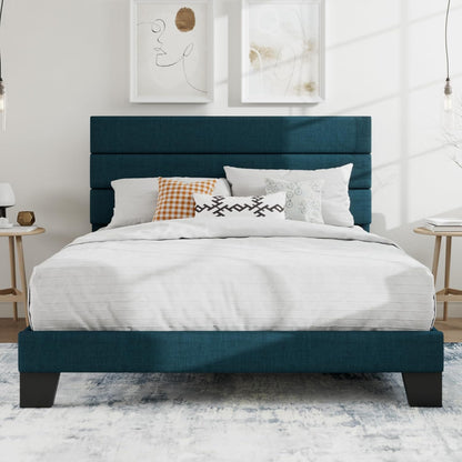 Queen Platform Bed Frame with Upholstered Fabric Headboard, Blue1