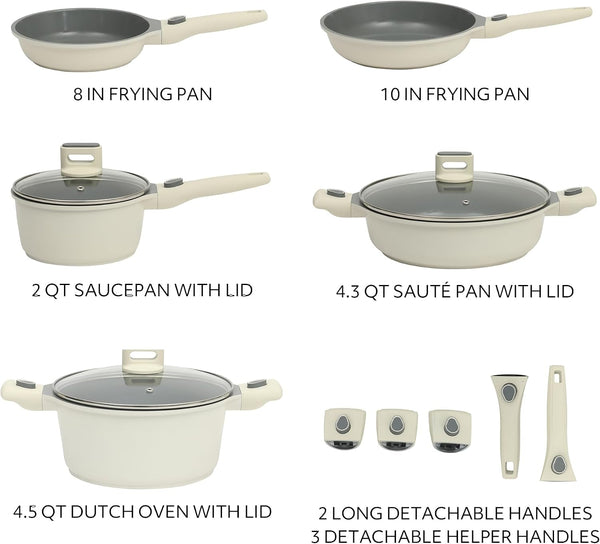 Sur La Table Kitchen Essentials 13 Piece Detachable Handle Pots and Pans Premium PFA Free Premium Ceramic Non Stick Induction Safe and Secure Removable Handle Cookware Set - Eggshell White3