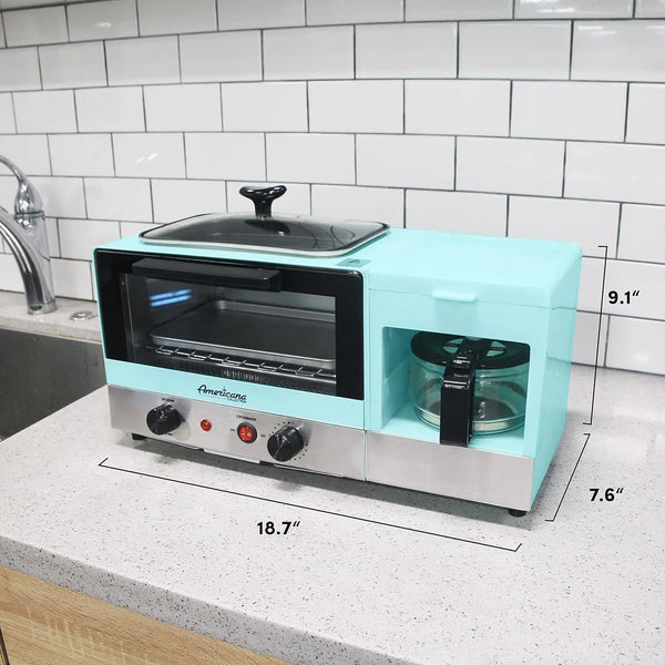 Americana Breakfast Center, Griddle & Toaster Oven, Blue | 2-Slice W/15-Min Timer & Heat Selector Mode, plus 9.5" Griddle W/Glass Lid & 4-Cup Coffeemaker7