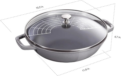 Staub Cast Iron Perfect Pan, Wok, Dutch Oven, 4.5-Quart, Serves 4-5, Made in France, Graphite Gray, Made in France3