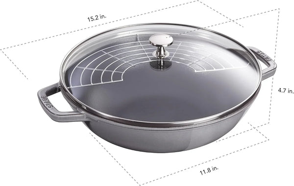Staub Cast Iron Perfect Pan, Wok, Dutch Oven, 4.5-Quart, Serves 4-5, Made in France, Graphite Gray, Made in France3