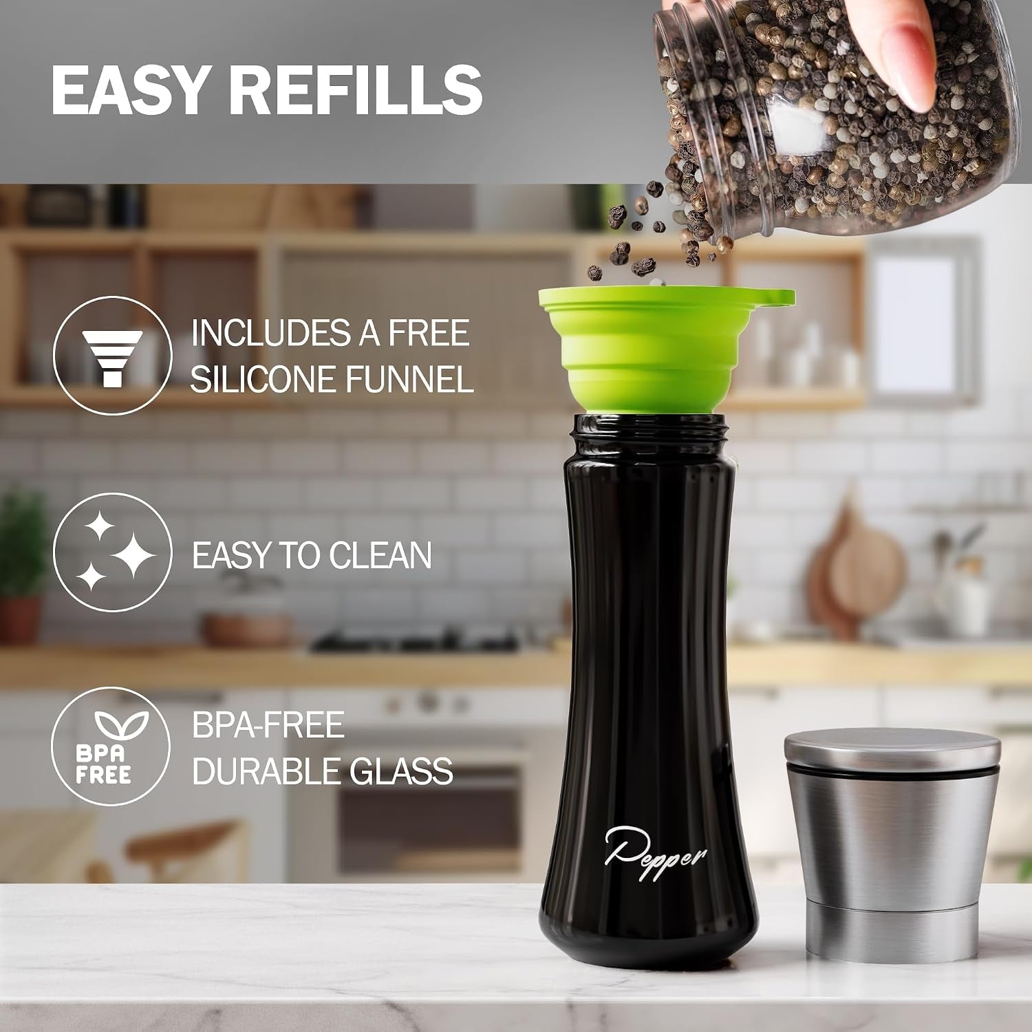 stainless-steel-salt-and-pepper-grinder-set-of-2-adjustable-ceramic-sea-salt-grinder-pepper-grinder-glass-salt-and-pepper-shakers-pepper-mill-salt-mill-w-funnel-black-and-white