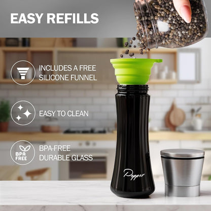 Stainless Steel Salt and Pepper Grinder Set of 2 - Adjustable Ceramic Sea Salt Grinder & Pepper Grinder - Glass Salt and Pepper Shakers - Pepper Mill & Salt Mill W/Funnel - Black and White4