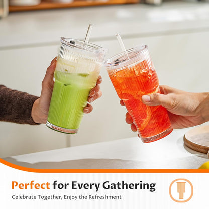 20Oz Iced Coffee Cups with Lids, Glass Coffee Cups with Lids and Straws | Clear Reusable Drinkware, Secure Leak-Resistant Lids, Cup-Holder Friendly, Ideal for Iced Coffee, Tea, Juice and Smoothies2