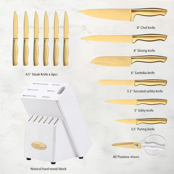 ® Gold Knife Set, Knife Block Set Ma21,Titanium Coated 14 Pieces Stainless Steel Chef Gold Kitchen Knife Sets with White Block | Forged Stainless Steel,Razor Sharp,Non-Stick&Anti-Rust,Restaurant Grade,Ergonomic Handles,Full Tang,Gift Box6