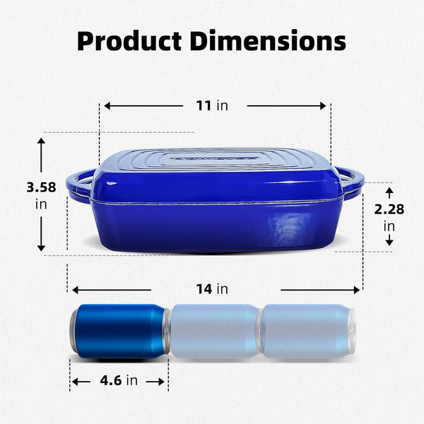 2-In-1 Square Enameled Cast Iron Dutch Oven 7QT Baking Pan and Gridle Lid with Dual Handles, Cast Iron Skillet Lid, Coating Gridle for Baking, Braising and Grilling - Blue2