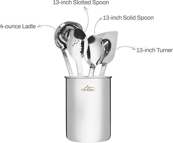 All-Clad 5-Piece Stainless Steel Kitchen Utensil Set – Includes Ladle, Solid Spoon, Slotted Spoon, Turner & Storage Caddy – Heavy-Gauge, Ergonomic, Dishwasher Safe, Silver6