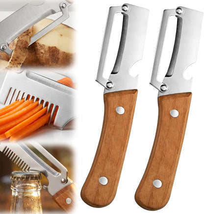 2026 Upgrade Vegetable Peeler and Julienne Peeler Set, Stainless Steel Vegetable Peelers for Kitchen with Wood Handles and Bottle Opener, 2-Pcs Multifunctional Vegetable Peeler Set1