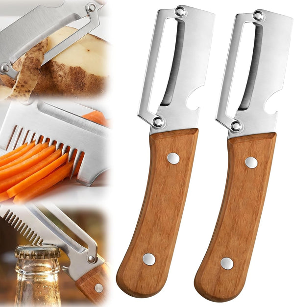 2026 Upgrade Vegetable Peeler and Julienne Peeler Set, Stainless Steel Vegetable Peelers for Kitchen with Wood Handles and Bottle Opener, 2-Pcs Multifunctional Vegetable Peeler Set1