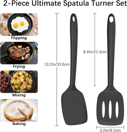 2 Pack Silicone Spatula Set,High Heat Resistant, Bpa-Free | Dishwasher Safe Kitchen Spatula for Nonstick Pans, Solid & Slotted Turners for Cooking, Sautéing, and Flipping, Pureblack6