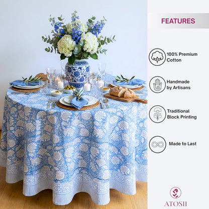 Cotton Blockprint round Tablecloth, Azora Blue, 90 Inches2