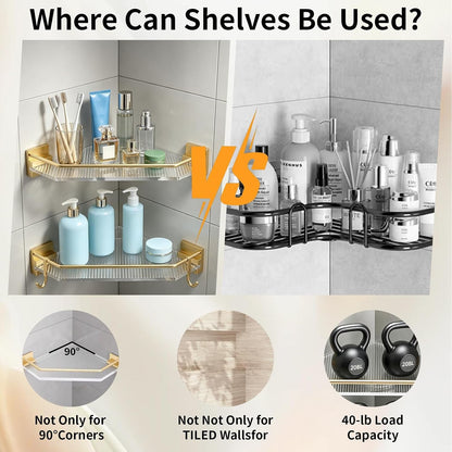 Shower Corner Caddy with Hooks , 2 Pack Luxury Organizer with Upgraded Adhesive System for Bathroom,Kitchen & Balcony, Floating Shower Wall Shelf Bath Basket Rack Heavy Duty 2 Pack (Gold,Acrylic)4