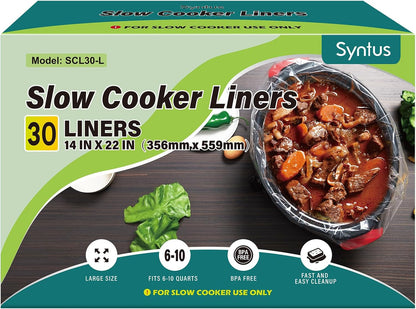 30 Slow Cooker Liners, Extra Large 14"X 22" Fit 6QT to 10QT Pots | BPA Free, Heat-Resistant up to 400°F, Durable Nylon Blend, High Tenacity, 100% Leak-Proof, Disposable Liners, Easy Cleanup1