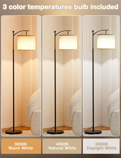 60" Modern Floor Lamp with Beige Shade, 9W LED Bulb | 3 Color Temperatures Bulb, Adjustable Linen Shade, Standing Lamps for Living Room Bedroom Office Classroom Dorm, Black Pole2