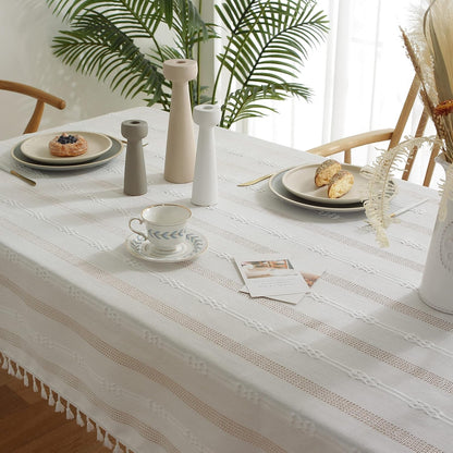 Rustic Stripe Embroidered Tablecloth Heavy Square Tassel Cotton Linen Table Cloth Wrinkle Free Washable Table Cover for Kitchen Dinning Party Holiday White 55X55 Inch7