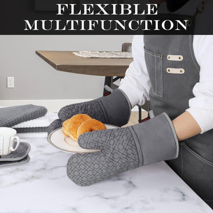 Oven Mitts and Pot Holders Sets 6Pcs, Kitchen Oven Glove,High Heat Resistant 550 Degree Extra Long Oven Mitts and Potholders with Non-Slip Silicone Surface for Home Essentials (Grey) (Gray)4