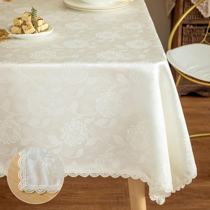 Textured Tablecloth Waterproof Spillproof Lace Trim Rectangle Jacquard Fabric Table Cloth, Kitchen Dinning Tabletop Decoration, round Table Cover for Outdoor Use 55 X 70 Inch, Ivory White4