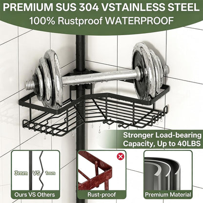 Shower Caddy Tension Pole, Adjustable 43.5‑120 Inch Corner Shower Organizer, No‑Drill Rustproof Stable 4‑Tier Bathroom Storage Shelves, Built‑In Towel Rack, Toothbrush Holder & Soap Dish6