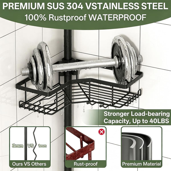 Shower Caddy Tension Pole, Adjustable 43.5‑120 Inch Corner Shower Organizer, No‑Drill Rustproof Stable 4‑Tier Bathroom Storage Shelves, Built‑In Towel Rack, Toothbrush Holder & Soap Dish6