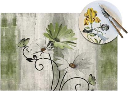 Floral Place Mats Set of 4, 12X18 Inches Rustic Sage Green Daisy Flower Decorative Placemats Rectangle Floral Linen Table Mats for Party Home Kitchen,Dining Table Decoration5