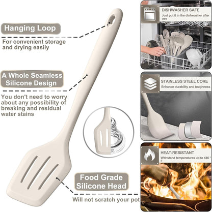 Silicone Kitchen Cooking Utensils Set,  43 Pcs Heat Resistant Khaki Cooking Utensils Set, Turner, Tongs, Spoon, Spatula, Kitchen Gadgets Tools Set for Nonstick Cookware(Dishwasher, BPA Free)3