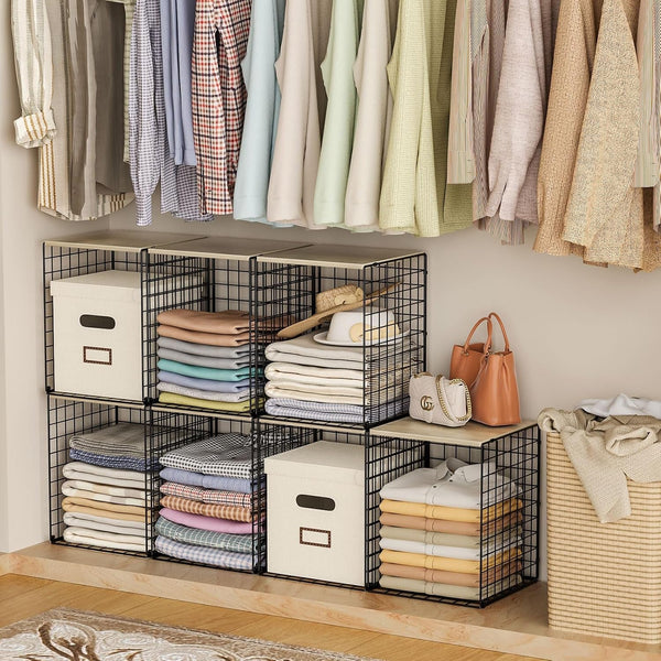 3-Pack Taller Closet Organizers and Storage with Wood Top, Stackable Wire Storage Bins for Clothes, Bags, Towels, Double Storage Design, Sturdy Metal Cube Shelf Organizer for Closet Wardrobe, Black4