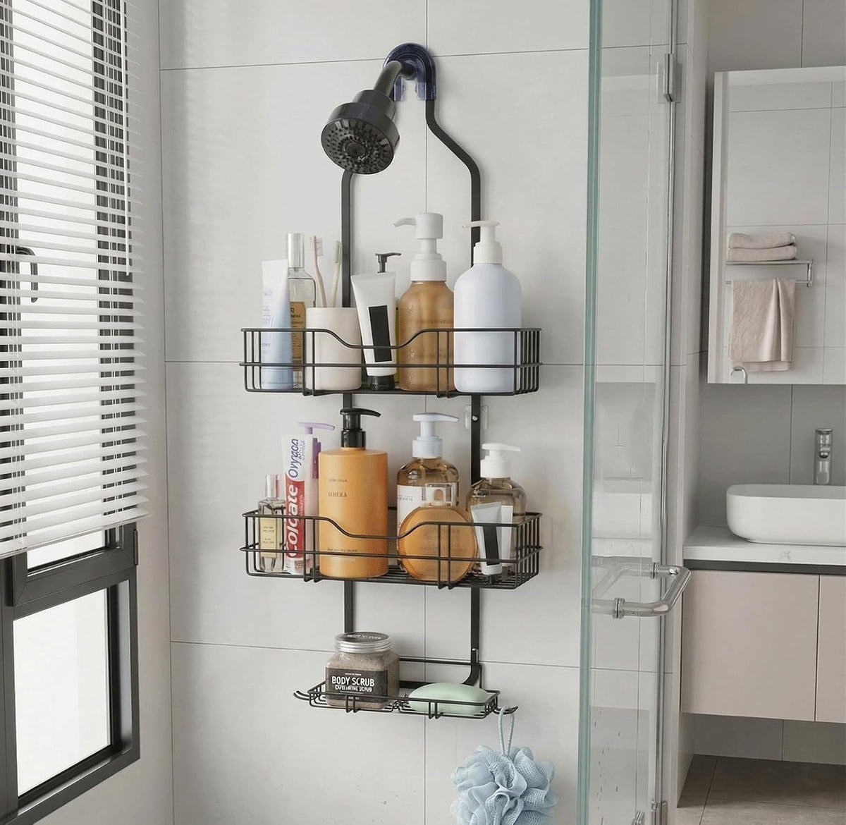 over-the-shower-head-caddy-3-tier-hanging-shower-shelves-rustproof-shower-storage-organizer-with-hooks-and-soap-holder-no-drilling-bathroom-shower-rack-black