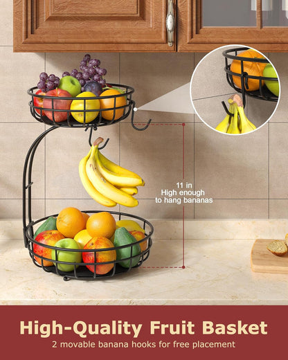 2 Tier Modern Fruit Basket for Kitchen Counter with 2 Banana Hook | Space-Saving Vertical Storage for Veggies, Bread, Snacks, Fits under Cabinets, Includes Protective Mats to Prevent Bruising5