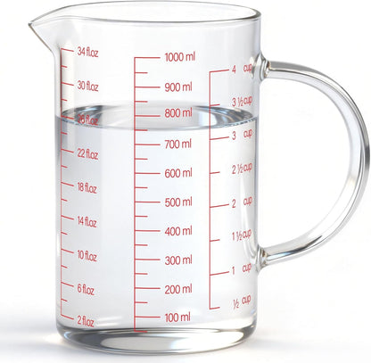 34OZ/1000ML Glass Measuring Cup, 4 Cup Glass Measuring Cups with 3 Scales (Ml/Oz/Cup), High Borosilicate Measuring Cup with Handle and V-Shaped Spout, Dishwasher/Freezer/Microwave Safe1
