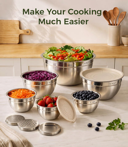 Stainless Steel Mixing Bowls: 6 Nesting Bowls with Lids & 3 Graters9