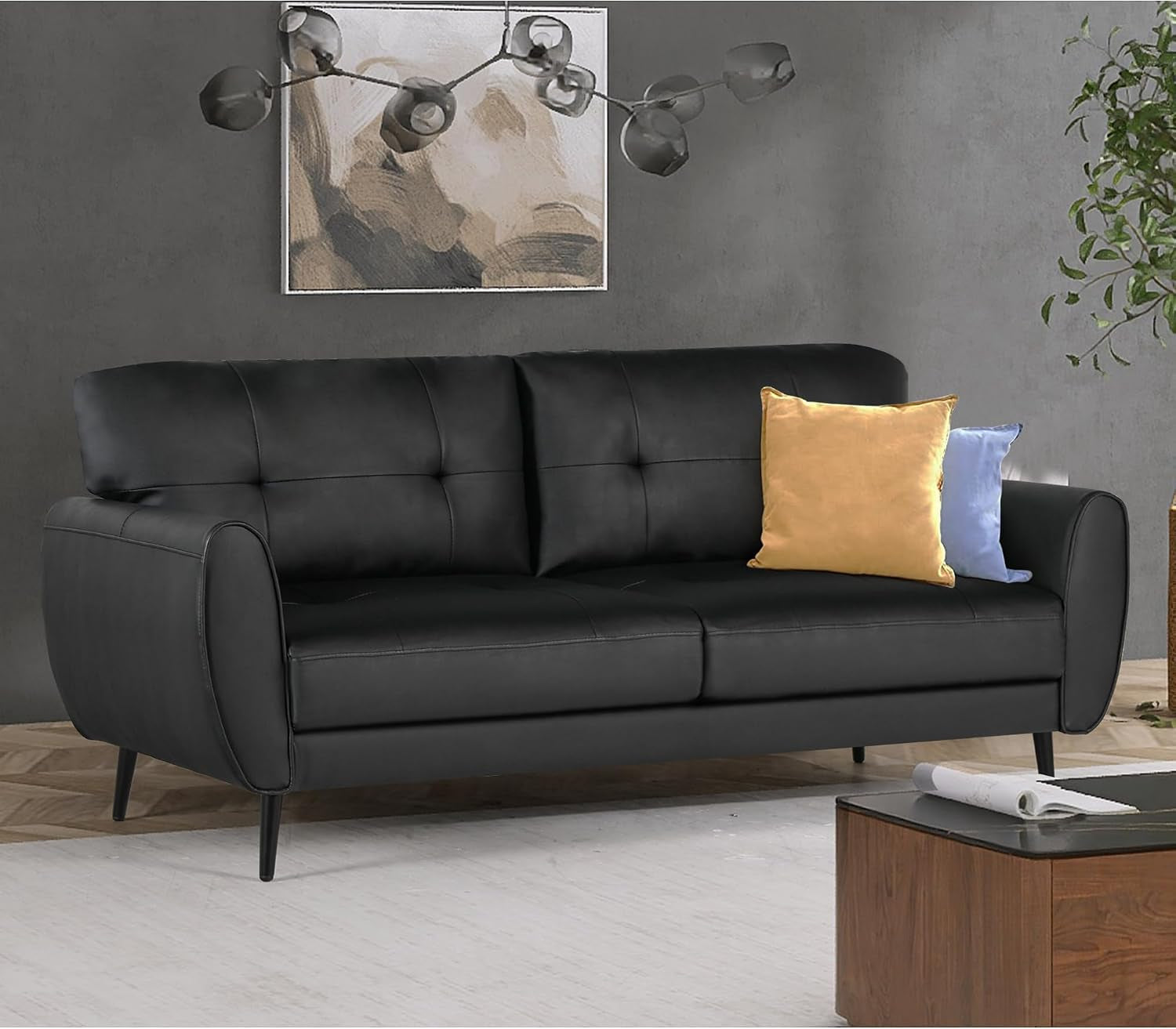 vamepole-60-loveseat-sofa-for-living-room-mid-century-mini-black-couch-tufted-leather-love-seat-furniture-comfy-office-2-seat-small-couches-for-small-spaces-bedroom-apartment