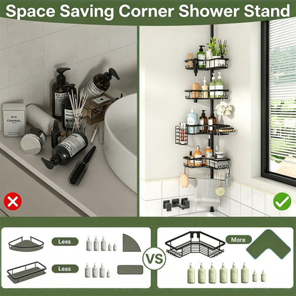 Shower Caddy Tension Pole, Adjustable 43.5‑120 Inch Corner Shower Organizer, No‑Drill Rustproof Stable 4‑Tier Bathroom Storage Shelves, Built‑In Towel Rack, Toothbrush Holder & Soap Dish7