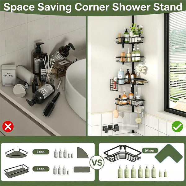 Shower Caddy Tension Pole, Adjustable 43.5‑120 Inch Corner Shower Organizer, No‑Drill Rustproof Stable 4‑Tier Bathroom Storage Shelves, Built‑In Towel Rack, Toothbrush Holder & Soap Dish7