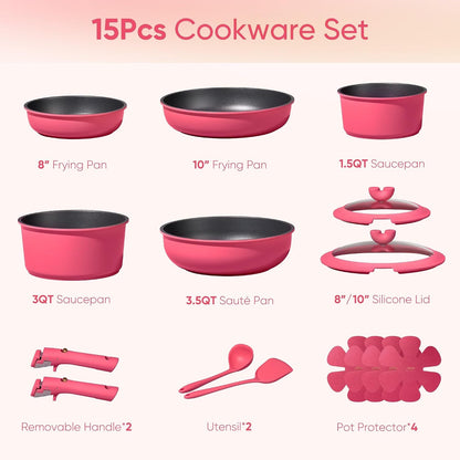 15Pcs Pots and Pans Set Non Stick, Cookware Set Detachable Handle | Induction Compatible, Dishwasher & Oven Safe, Space Saving, Camping Cooking Set, Kitchen Set, Pink2