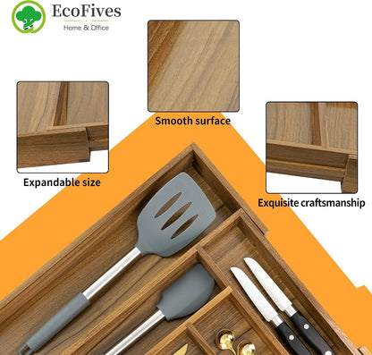 Luxury Acacia Kitchen Drawer Organizer - Silverware Organizer - Utensil Holder and Cutlery Tray with Grooved Drawer Dividers for Flatware and Kitchen Utensils (8 Slot), 17*12.4*2 Inch6