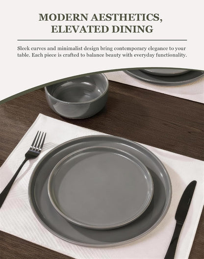 24-Piece Dinnerware Sets for 6, Ceramic Plates and Bowls Set with Partially Unglazed Base, Handcrafted Look, Stoneware Dishes Set for Kitchen, Gray, Dinner & Dining, Microwave & Dishwasher Safe2