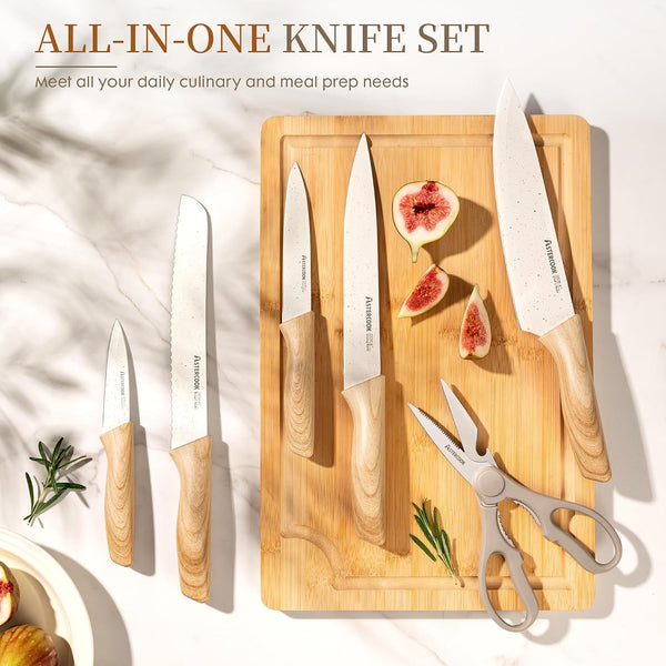 Knife Set, 13 Pieces Kitchen Knives Set with Ceramic Coating, Stainless Steel Chef Knife Sets with 6 Blade Guards, Dishwasher Safe Knives with Wood Grain Handle, Elegant White6
