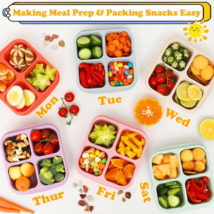 6 Pack Snack Containers, 4 Compartment Snack Box Containers Bento Box, Reusable Meal Prep Lunch Containers for Adults Kids Toddler, Divided Food Containers for Travel Work School4