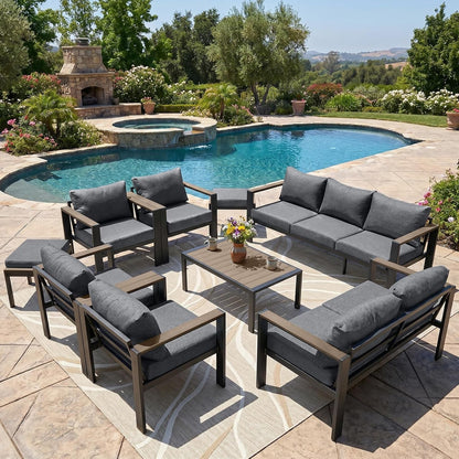Patio Furniture Set 11 Seats and Coffee Table, 9 Pieces Patio Conversation Set with Thick Cushion, Ottomans, Deluxe Aluminum Modern outside Sectional for Porch, Balcony, Deck, Yard, Dark Gray2